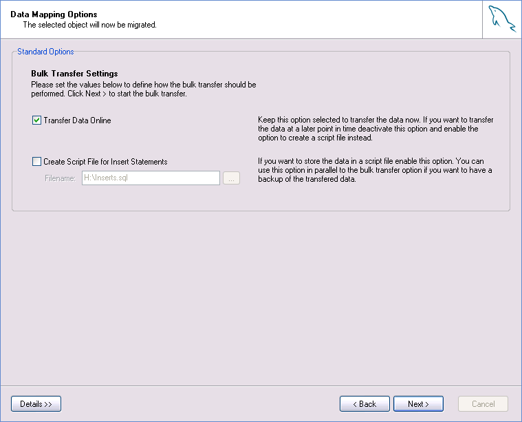 The Data Mapping Options screen