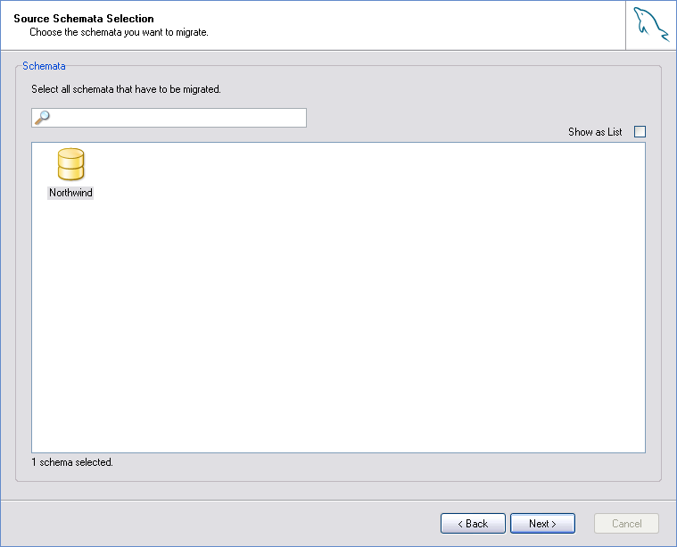 The Source Schema Selection screen