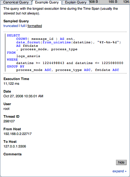 MySQL Enterprise Dashboard: Example Query Tab for a
              Query