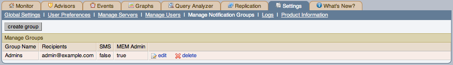 MySQL Enterprise Dashboard: Manage Notification
          Groups