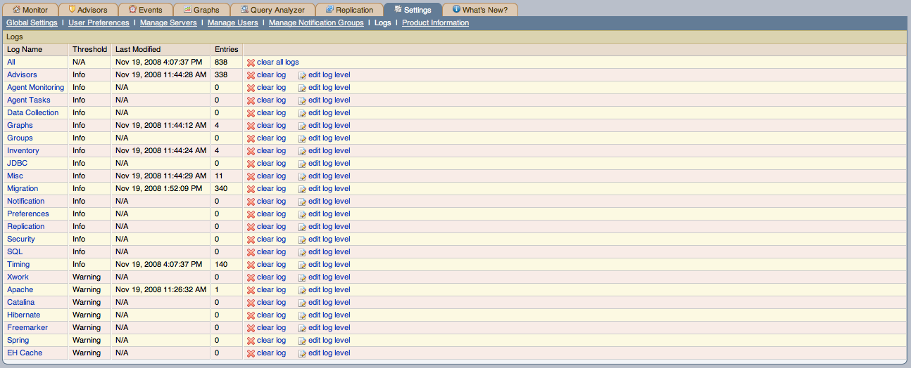 MySQL Enterprise Dashboard: ログ