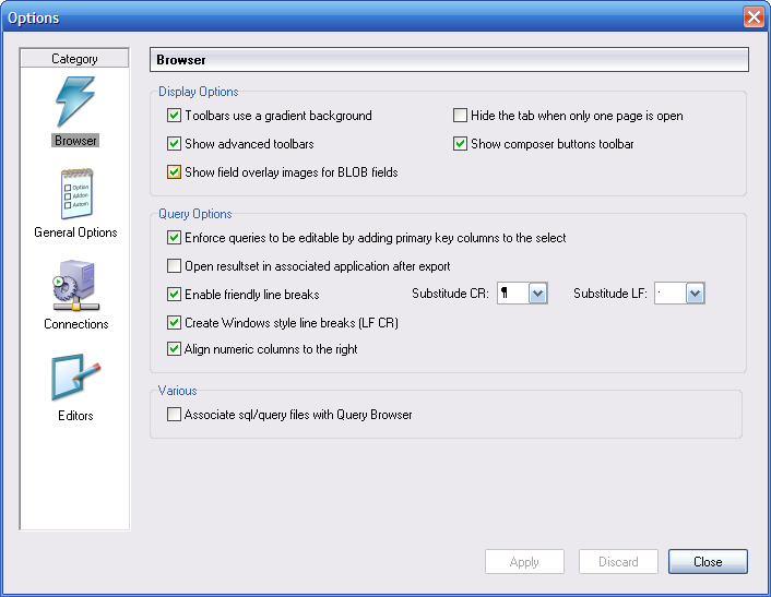 The query browser options dialog