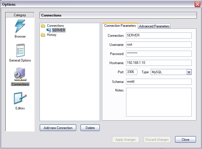 Options dialog: Connections