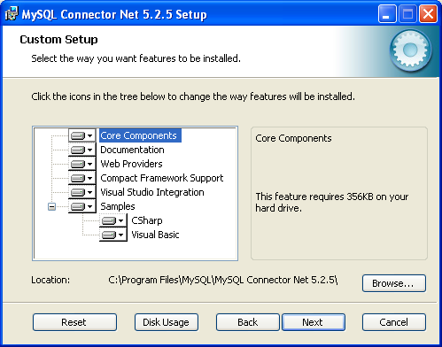 Connector/NET Windows Installer - Custom
              setup 