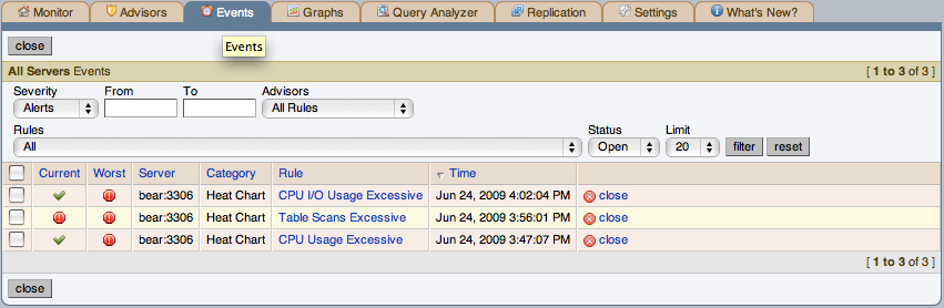 MySQL Enterprise Dashboard: Events screen