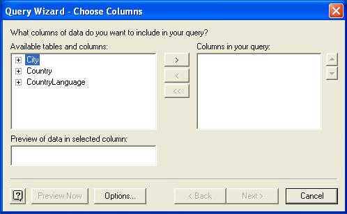 Microsoft Query, Choose
                Columns