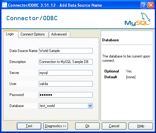 SampleMySQL ODBC DSN
            Configuration Dialog