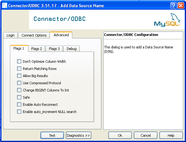 Connector/ODBC Connection Advanced
            Dialog