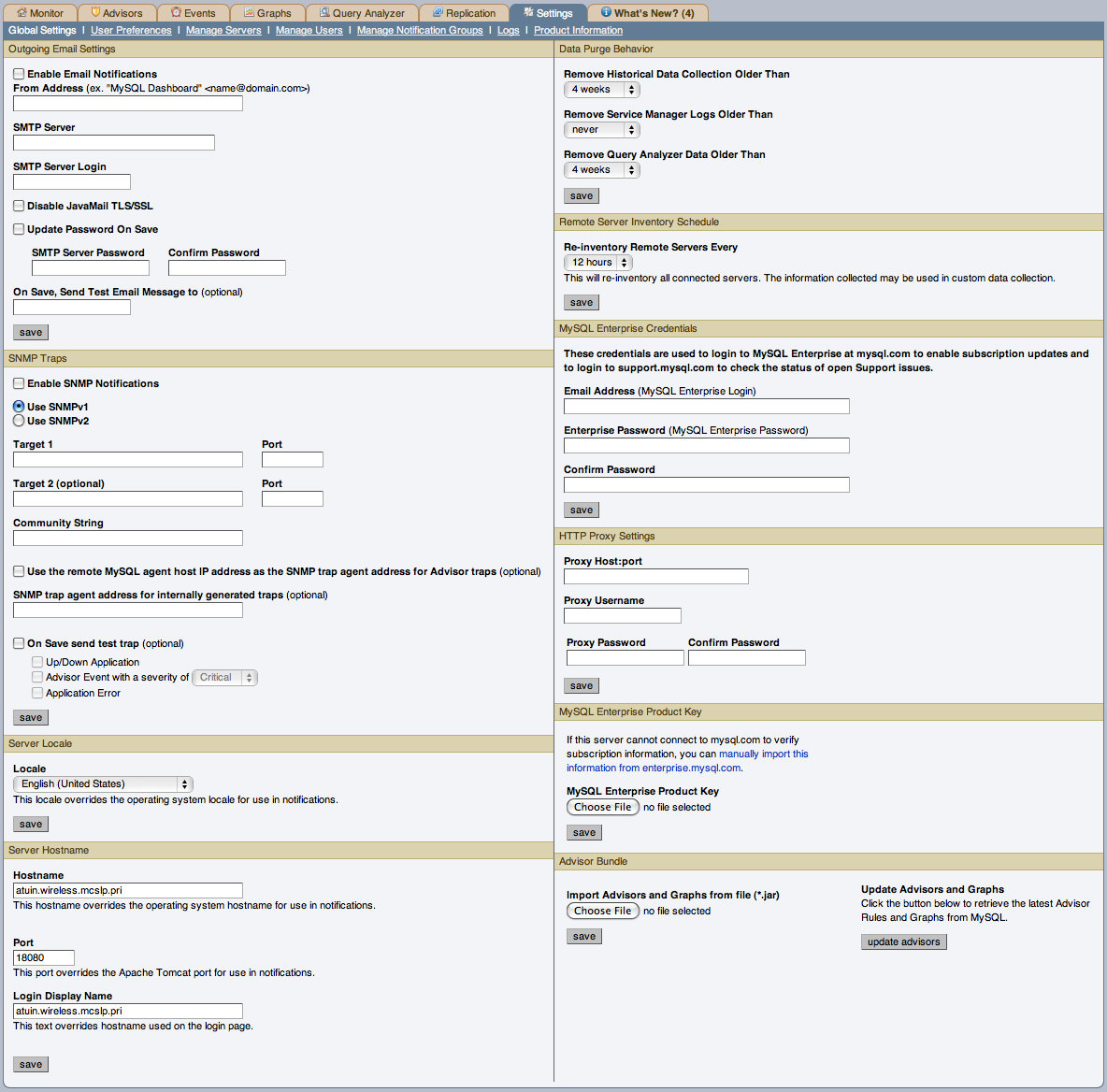 MySQL Enterprise Dashboard: Settings