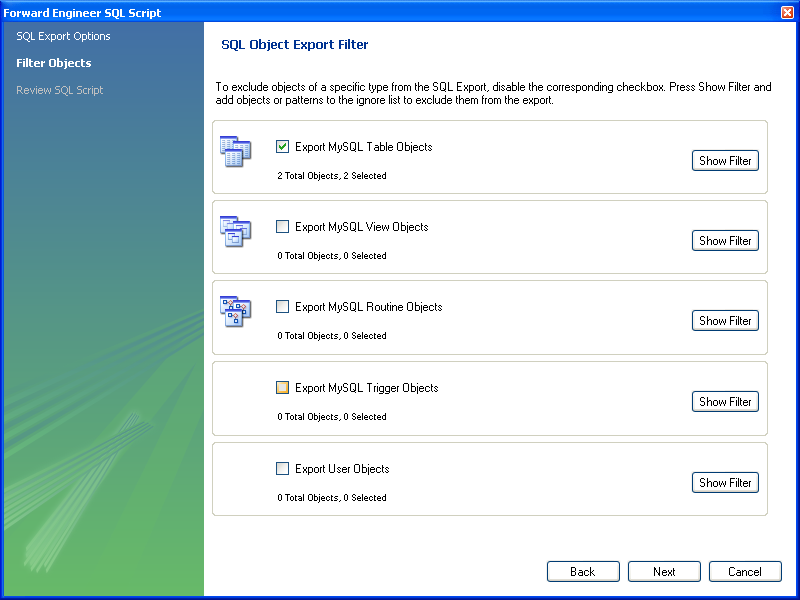 SQL Object Export Filter