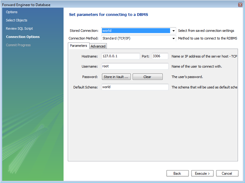 Set parameters for connecting to a
          DBMS