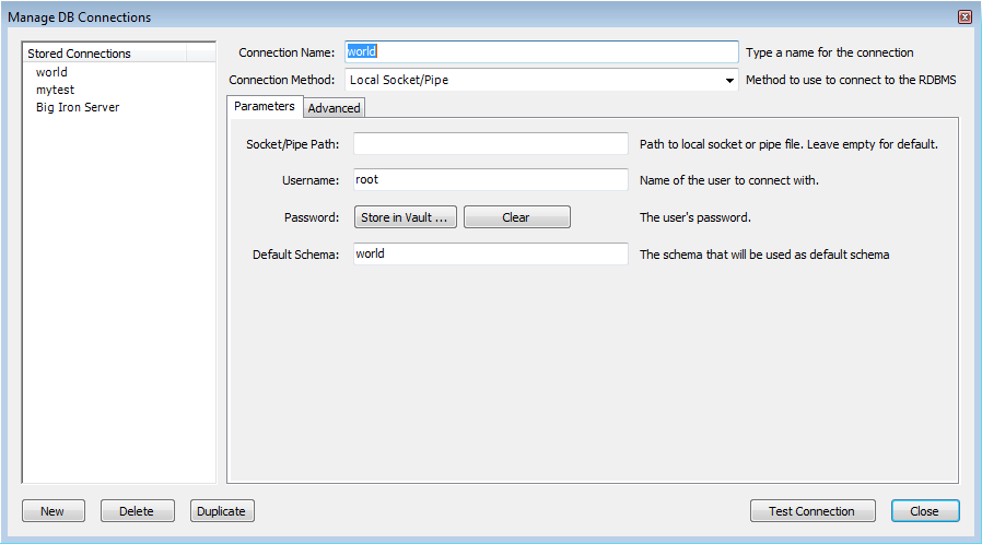 Manage DB Connections - Socket/Pipe
          Parameters