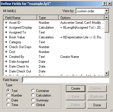 Figure 2 - FileMaker Define Fields Dialog