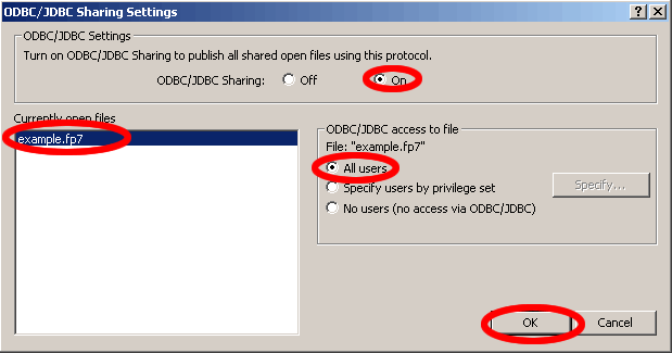 Figure 12 - Enabling FileMaker 7 ODBC/JDBC Sharing - Dialog