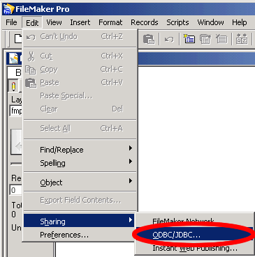 Figure 12 - Enabling FileMaker 7 ODBC/JDBC Sharing - Menu